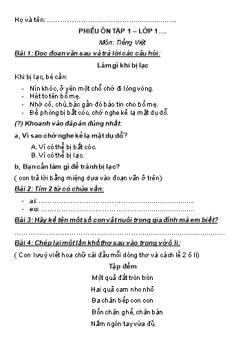 Phiếu ôn tập môn Tiếng Việt, Toán Lớp 1