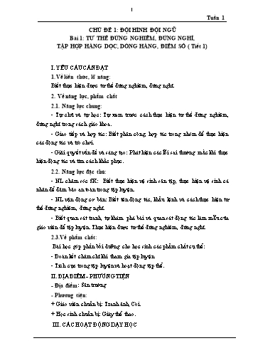 Giáo án Giáo dục thể chất Lớp 1 (Cánh diều) - Chủ đề 1: Đội hình đội ngũ - Bài 1: Tư thế đứng nghiêm, đứng nghỉ, tập hợp hàng dọc, dóng hàng, điểm số (Tiết 1)