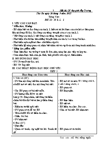 Giáo án Tiếng Việt Lớp 1 (Kết nối tri thức) - Bài 12: H-h, L-l - Năm học 2023-2024 - Vũ Thị Hồng Ngọc