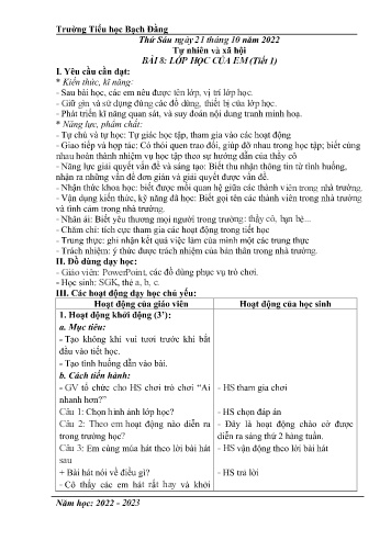 Giáo án Tự nhiên xã hội Lớp 1 (Chân trời sáng tạo) - Bài 8: Lớp học của em (Tiết 1) - Năm học 2022-2023 - Trường Tiểu học Bạch Đằng