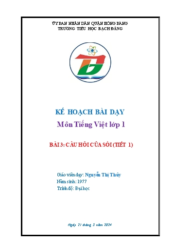 Kế hoạch bài dạy Tiếng Việt Lớp 1 (Kết nối tri thức) - Bài 3: Câu hỏi của sói (Tiết 1) - Năm học 2023-2024 - Nguyễn Thị Thủy