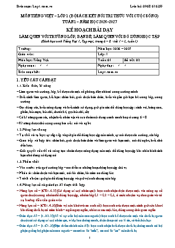Trọn bộ kế hoạch bài dạy Tiếng Việt 1 - Tuần 1 - 2026-2027 có tích hợp năng lực số và AI