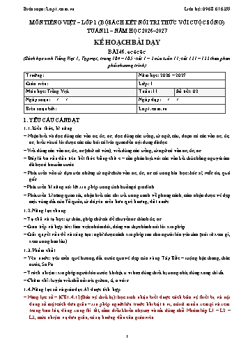 Trọn bộ kế hoạch bài dạy Tiếng Việt 1 - Tuần 11 - 2026-2027 có tích hợp năng lực số và AI