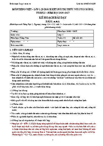 Trọn bộ kế hoạch bài dạy Tiếng Việt 1 - Tuần 12 - 2026-2027 có tích hợp năng lực số và AI