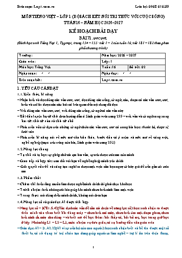 Trọn bộ kế hoạch bài dạy Tiếng Việt 1 - Tuần 16 - 2026-2027 có tích hợp năng lực số và AI
