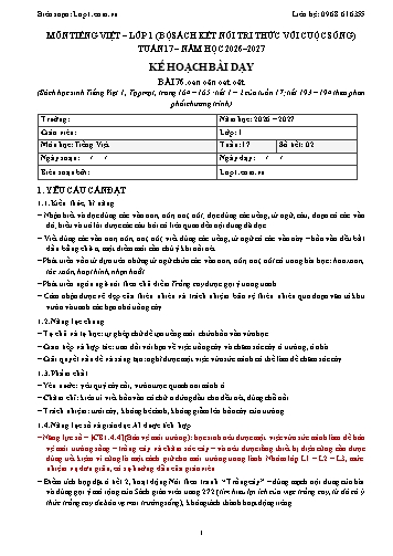 Trọn bộ kế hoạch bài dạy Tiếng Việt 1 - Tuần 17 - 2026-2027 có tích hợp năng lực số và AI