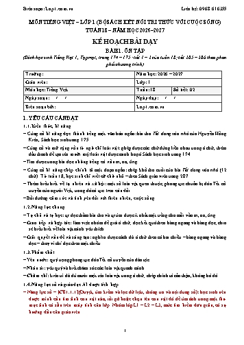 Trọn bộ kế hoạch bài dạy Tiếng Việt 1 - Tuần 18 - 2026-2027 có tích hợp năng lực số và AI