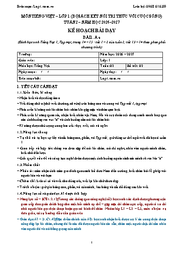 Trọn bộ kế hoạch bài dạy Tiếng Việt 1 - Tuần 2 - 2026-2027 có tích hợp năng lực số và AI