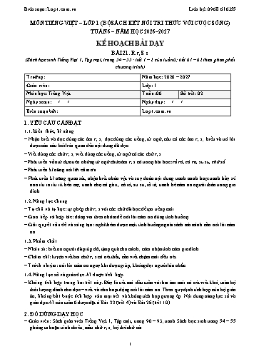 Trọn bộ kế hoạch bài dạy Tiếng Việt 1 - Tuần 6 - 2026-2027 có tích hợp năng lực số và AI
